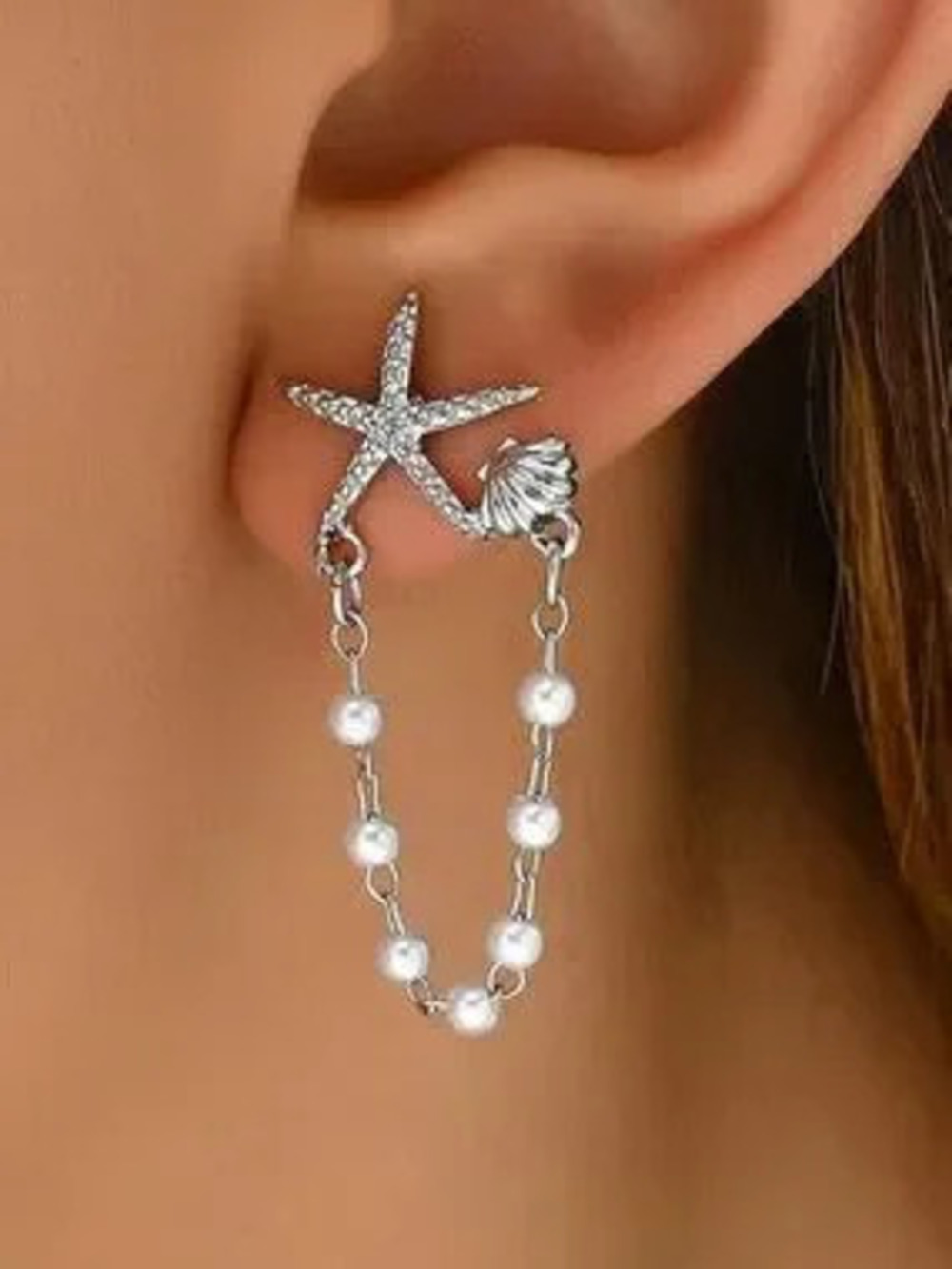 Anthropologie Silver Starfish & Pearl Chain Drop Earrings